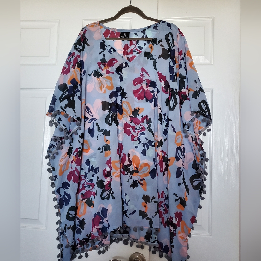 Shore Drive Floral Poncho Kimono with Pom Pom Trim Tassles "Free Size" One Size